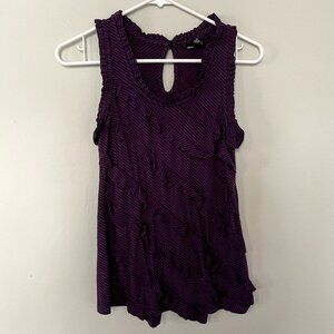 Allen B. rayon purple asymetrical navy blue striped ruffle design sleeveless top